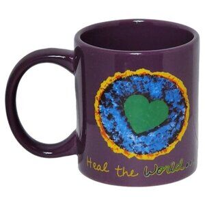 Penzeys Coffee Cup Mug Tea Heal the World Cook Dinner Tonight Purple Blue Heart
